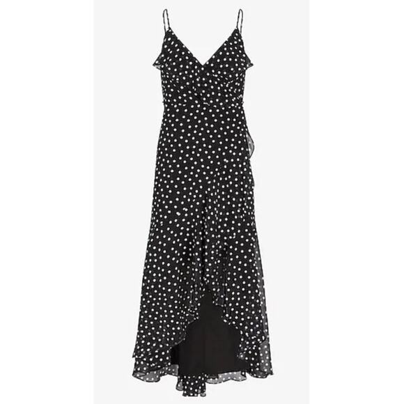 Express Polka Dot Ruffle Wrap Front Hi-Lo Maxi Dress - Picture 2 of 7